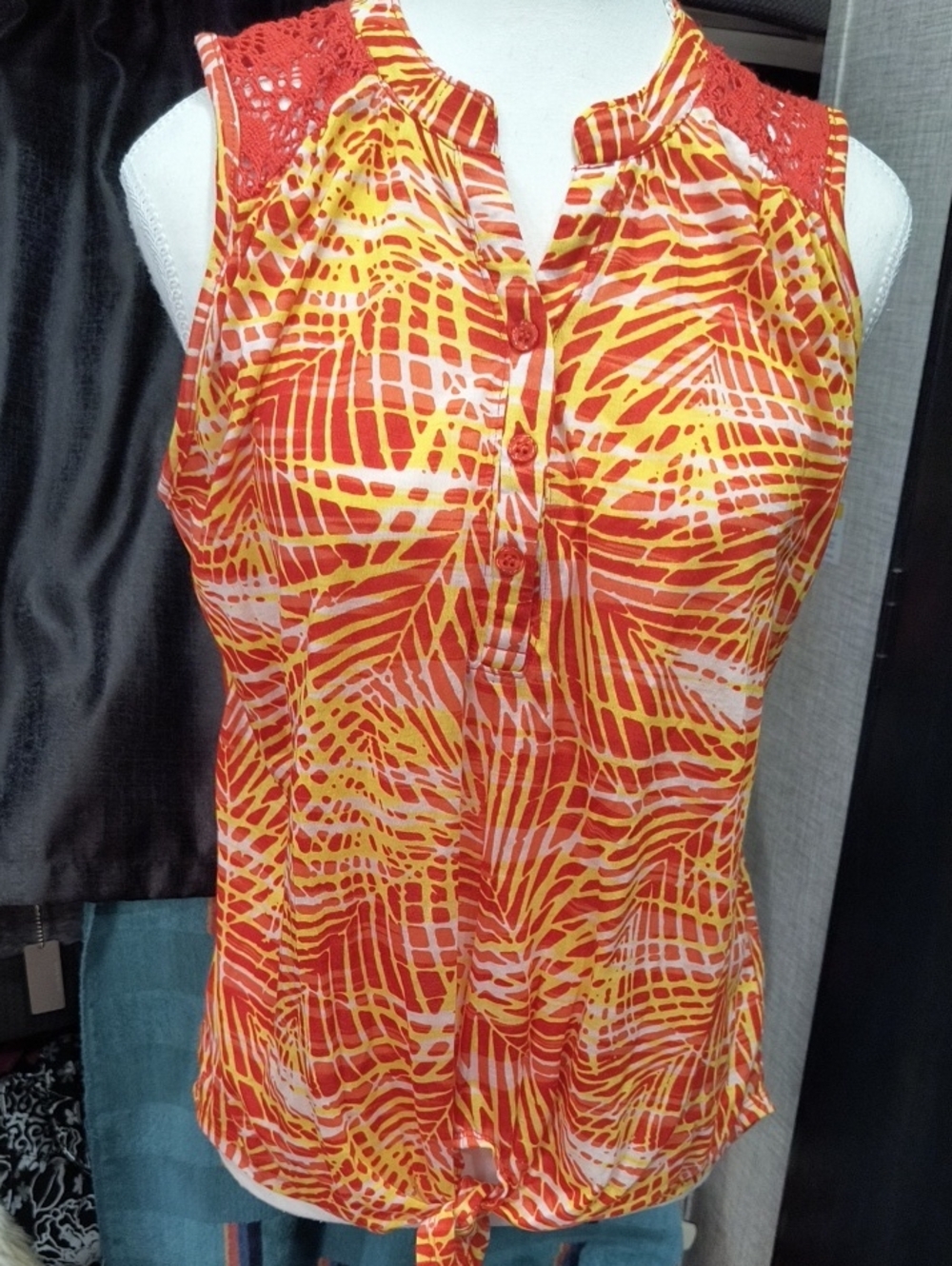 Inspire Red & Yellow Tropical Crochet-Shoulder Tank, Medium